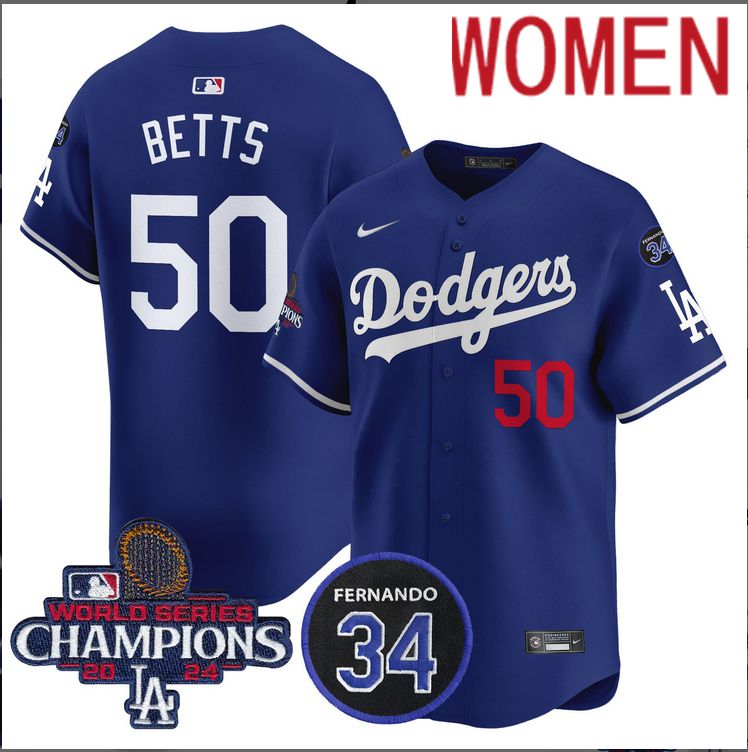 WomenMLB Los Angeles Dodgers  #50 Betts blue2024 World Series Champions Patch Limited Jersey